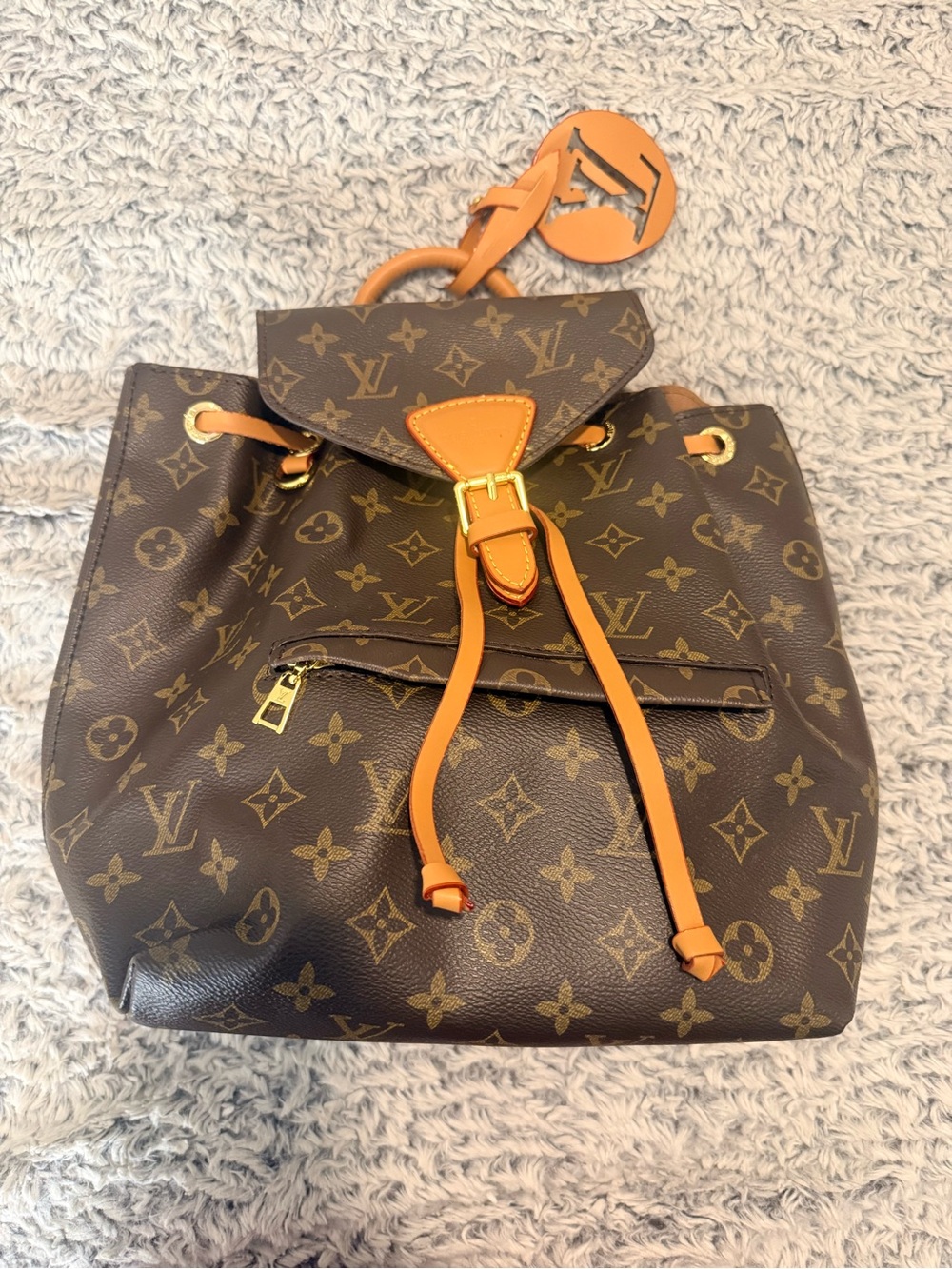 Brown Monogram Drawstring Backpack with Tan Trim - Picture 2 of 11